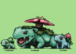 Rule 34 | absurdres, animal focus, blacknirrow, bulbasaur, character name, closed mouth, creatures (company), english text, evolutionary line, fangs, fangs out, flower, from side, full body, game freak, gen 1 pokemon, green background, green theme, highres, horizontal pupils, ivysaur, nintendo, no humans, open mouth, pink flower, pokedex number, pokemon, pokemon (creature), realistic, red eyes, sharp teeth, sketch, slit pupils, standing, teeth, venusaur