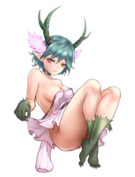 Rule 34 | 1girl, antlers, aqua hair, artoise, ass, breasts, c (control), choker, closed mouth, dress, feet, fur, horns, legs, looking at viewer, pointy ears, q (control), short hair, simple background, solo, white background, yellow eyes