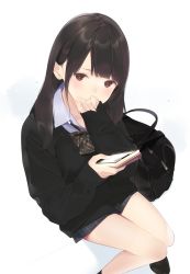 Rule 34 | 1girl, ama mitsuki, bag, bare legs, black cardigan, black footwear, black hair, black skirt, black socks, bow, bowtie, brown bow, brown bowtie, brown eyes, cardigan, cellphone, collared shirt, covering own mouth, hand up, holding, holding phone, invisible chair, long hair, long sleeves, looking at viewer, miniskirt, original, phone, plaid, plaid skirt, school uniform, shadow, shirt, shoes, simple background, sitting, skirt, smartphone, socks, solo, thighs, undershirt, white background, white shirt