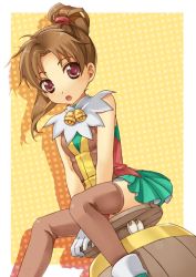 Rule 34 | 1girl, barrel, bell, brown eyes, brown hair, brown thighhighs, female focus, gadget (suikoden), gensou suikoden, gensou suikoden i, gensou suikoden ii, gloves, long hair, meg (suikoden), miniskirt, multicolored eyes, open mouth, ponytail, purple eyes, sensaki chihiro, shoes, sitting, skirt, thighhighs, white gloves, yellow background