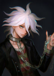 Rule 34 | 1boy, akiko 141, black jacket, broken, broken chain, chain, chained, collar, collarbone, commentary, cuffs, danganronpa (series), danganronpa another episode: ultra despair girls, hair between eyes, hand up, handcuffs, highres, jacket, komaeda nagito, long sleeves, looking at viewer, male focus, nail polish, open clothes, open jacket, red nails, servant (danganronpa), shackles, smile, solo, upper body, white hair