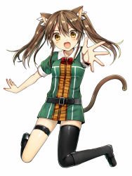 Rule 34 | 10s, 1girl, animal ears, asymmetrical legwear, bad id, bad pixiv id, black thighhighs, blush, brown eyes, brown hair, cat ears, cat tail, clarinet (natsumi3230), dress, kantai collection, kemonomimi mode, kurata rine, long hair, looking at viewer, open mouth, short dress, simple background, single thighhigh, smile, solo, tail, thighhighs, tone (kancolle), twintails, uneven legwear, white background