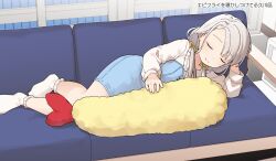 Rule 34 | 1girl, blue dress, braid, braided bangs, closed eyes, closed mouth, collared shirt, commentary request, couch, day, dress, facing viewer, food, frilled shirt collar, frilled socks, frills, grey hair, hair over shoulder, hair ribbon, hand up, highres, hisakawa nagi, idolmaster, idolmaster cinderella girls, indoors, long hair, long sleeves, low twintails, lying, no shoes, on couch, on side, puffy long sleeves, puffy sleeves, ribbon, shirt, shrimp, shrimp tempura, smile, socks, solo, tempura, translation request, twintails, variant set, white shirt, white socks, window, yellow ribbon, yukie (kusaka shi)