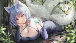 Rule 34 | 1girl, absurdres, animal ears, blue eyes, blue hair, blush, bob cut, breasts, cleavage, dress, fox ears, halterneck, head rest, highres, holding, large breasts, leaf, lillly, long sleeves, looking at viewer, lying, multiple tails, nature, off-shoulder dress, off shoulder, on stomach, original, outdoors, short hair, solo, tail