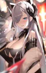 Rule 34 | 1girl, august von parseval (azur lane), azur lane, bare shoulders, blue eyes, blush, breasts, cleavage, cotton kanzaki, cross, gloves, hair over one eye, highres, iron blood (emblem), iron cross, large breasts, long hair, one eye covered, open mouth, rigging, silver hair, white gloves