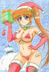 Rule 34 | 1girl, absurdres, bikini, blue background, blue eyes, blush, breasts, brown hair, christmas, christmas present, cleavage, closed mouth, gh9000, gift, groin, hand on own hip, hat, highres, large breasts, long hair, looking at viewer, lyrical nanoha, mahou shoujo lyrical nanoha strikers, micro bikini, navel, neck bell, ponytail, red bikini, red thighhighs, santa costume, santa hat, side ponytail, simple background, smile, solo, standing, swimsuit, takamachi nanoha, thighhighs