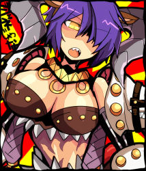 Rule 34 | 1girl, armor, breasts, cleavage, commentary request, dutch angle, emon-yu, genetic (ragnarok online), hair between eyes, hair over one eye, horns, large breasts, living clothes, looking at viewer, midriff, open mouth, pauldrons, purple hair, ragnarok online, shaded face, sharp teeth, short hair, shoulder armor, solo, teeth, upper body, yellow eyes