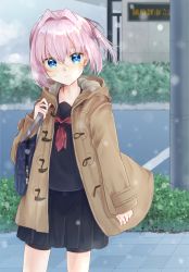 Rule 34 | 1girl, alternate costume, arm at side, bag, bike shorts, black serafuku, black shorts, black skirt, blue eyes, blurry, blush, brown coat, coat, commentary request, depth of field, duffel coat, hair between eyes, hair intakes, hair ribbon, hood, hood down, kantai collection, long sleeves, looking at viewer, neckerchief, open clothes, open coat, outdoors, pavement, pink hair, pleated skirt, ponytail, red neckerchief, ribbon, road, school bag, school uniform, serafuku, shiranui (kancolle), shiranui kai ni (kancolle), shorts, shorts under skirt, shoulder bag, skirt, smile, snowing, solo, standing, u yuz xx, white ribbon