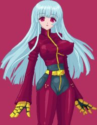 Rule 34 | 1girl, blue hair, breasts, cameltoe, covered erect nipples, gloves, kula diamond, large breasts, lowres, red eyes, smile, snk, solo, the king of fighters, transparent background, zipper