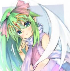 Rule 34 | 1girl, bare shoulders, blush, delaware3850, dragon wings, dress, fingernails, fire emblem, fire emblem: mystery of the emblem, gem, green eyes, hair between eyes, hair ribbon, hand up, headpiece, highres, light green hair, long hair, nintendo, open mouth, pink dress, pink ribbon, pointy ears, ponytail, purple scarf, red gemstone, ribbon, scarf, sleeveless, sleeveless dress, solo, tiki (fire emblem), tiki (young) (fire emblem), white wings, wings
