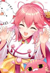 Rule 34 | 1girl, 35p (sakura miko), :d, absurdres, ahoge, bell, blush, claw pose, closed eyes, commentary request, drawn ears, drawn whiskers, facing viewer, hair bell, hair between eyes, hair ornament, hands up, highres, hololive, japanese clothes, jingle bell, kimono, kintoki (sakura miko), long hair, long sleeves, nail polish, obi, one side up, open mouth, pink hair, pink nails, sakura miko, sakura miko (1st costume), sash, smile, solo, upper body, virtual youtuber, white kimono, yuu201023