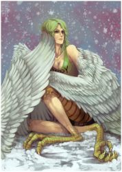 Rule 34 | 1girl, breasts, cleavage, donquixote pirates, female focus, green hair, harpy, monet (one piece), monster girl, one piece, patterned legwear, punk hazard, sitting, snow, solo, striped legwear, talons, wings, yellow eyes