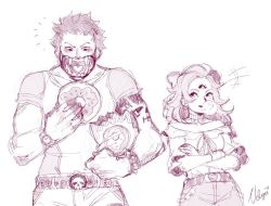 Rule 34 | 1boy, 1girl, age difference, artist request, brother and sister, blowing bubbles, charlotte katakuri, charlotte pudding, chewing gum, doughnut, food, holding, holding food, monochrome, one piece, siblings, smile, source request