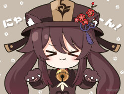 Rule 34 | &gt; &lt;, 1girl, :3, animal ear fluff, animal ears, animal hands, bell, blush, brown background, brown gloves, brown hair, brown hat, brown jacket, cat ears, closed eyes, closed mouth, commentary request, ears through headwear, facing viewer, flower, genshin impact, gloves, hair between eyes, hands up, hat, hat flower, hu tao (genshin impact), jacket, jingle bell, kemonomimi mode, long hair, long sleeves, mitya, neck bell, paw gloves, red flower, simple background, solo, translation request, twintails, upper body, very long hair