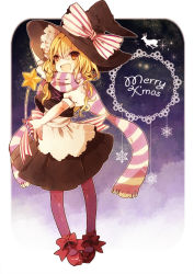 Rule 34 | 1girl, bad id, bad pixiv id, blonde hair, braid, christmas, female focus, hat, kirisame marisa, long hair, miyako (xxxbibit), myk, pantyhose, scarf, solo, striped clothes, striped scarf, touhou, witch, witch hat, yellow eyes