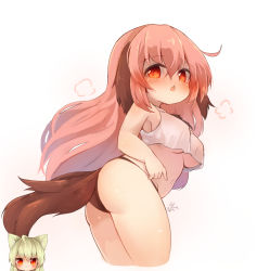 Rule 34 | 1girl, ahoge, animal ears, ass, bikini, black bikini, blush, breasts, crop top, dog ears, dog girl, dog tail, from side, highres, long hair, looking back, navel, no pants, open mouth, original, pink hair, red eyes, shirt, simple background, sleeveless, sleeveless shirt, solo, sunapua, swimsuit, tail, thighs, underboob, white background, white shirt