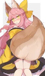 Rule 34 | 0kami 89zo, 1girl, absurdres, animal ear fluff, animal ears, black skirt, bow, fate/samurai remnant, fate (series), fox ears, fox girl, fox tail, from behind, hair bow, highres, japanese clothes, kimono, kneeling, kneepits, long hair, looking at viewer, looking back, miniskirt, off shoulder, pink hair, pleated skirt, ribbon, skirt, sleeves past wrists, solo, tail, tamamo (fate), tamamo aria (fate), thighs, yellow eyes, yellow kimono, yellow ribbon