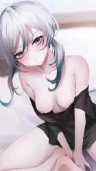 Rule 34 | 1girl, bare shoulders, barefoot, black shirt, blue eyes, blue hair, blurry, blurry background, breasts, butterfly sitting, closed mouth, collarbone, depth of field, grey hair, highres, looking at viewer, low twintails, medium breasts, migihidari (puwako), multicolored hair, naked shirt, nipples, no bra, off shoulder, original, shirt, sitting, solo, streaked hair, twintails, two-tone hair, v-shaped eyebrows