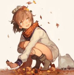 Rule 34 | 10s, 1girl, :d, acorn, autumn, autumn leaves, bag, brown eyes, brown hair, commentary request, dress, grey background, headgear, high heels, kantai collection, leaf, leaf on head, long sleeves, matching hair/eyes, open mouth, plastic bag, puffy long sleeves, puffy sleeves, rom (romshiro), sailor collar, sailor dress, scarf, short hair, smile, solo, squatting, white dress, yukikaze (kancolle)