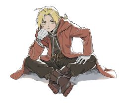 Rule 34 | 1boy, ahoge, belt, belt buckle, black pants, black shirt, blonde hair, boots, brown footwear, buckle, closed mouth, coat, commentary request, crossed legs, edward elric, full body, fullmetal alchemist, gloves, highres, kgeroua, long hair, long sleeves, looking at viewer, male focus, mechanical arms, pants, ponytail, red coat, shirt, simple background, single mechanical arm, sitting, solo, white background, white gloves, yellow eyes