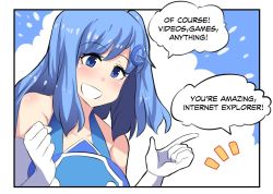 Rule 34 | 1girl, blue eyes, blue hair, blush, breasts, comic, gloves, hair ornament, hairclip, highres, hinghoi, internet explorer, large breasts, open mouth, original, side ponytail, smile, solo, white gloves