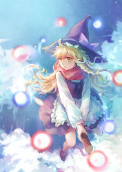 Rule 34 | 1girl, absurdres, apron, blonde hair, blue sky, bow, braid, broom, broom riding, cloud, full body, hair bow, hat, hat ribbon, highres, kirisame marisa, long hair, long sleeves, looking away, mao wan, open mouth, ribbon, scarf, shirt, shoes, side braid, single braid, skirt, skirt set, sky, solo, touhou, vest, waist apron, witch hat, yellow eyes