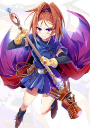 Rule 34 | &gt;:), 1girl, anniversary, barbara (dq6), belt, blue dress, boots, brown gloves, brown hair, cape, dragon, dragon quest, dragon quest vi, dress, e.o., earrings, female focus, gauntlets, gloves, hair ornament, high ponytail, jewelry, looking at viewer, md5 mismatch, polearm, purple eyes, short sleeves, smile, solo, v-shaped eyebrows, weapon, whip
