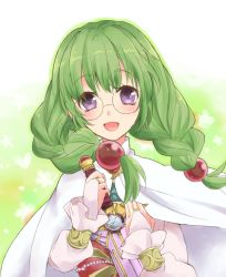 Rule 34 | 1girl, :d, bracelet, braid, cape, glasses, gradient background, green background, green hair, hair ornament, haru tomato, jewelry, long hair, open mouth, philia felice, purple eyes, round eyewear, smile, solo, sword, tales of (series), tales of destiny, weapon, white background