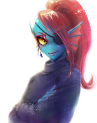 Rule 34 | 1girl, absurdres, black sweater, blue skin, breasts, colored sclera, colored skin, covered erect nipples, crossed arms, earrings, eyebrows, eyepatch, eyeshadow, fins, hair over one eye, head fins, highres, jewelry, lips, long hair, long sleeves, looking at viewer, makeup, monster girl, no nose, one-eyed, pipitasout, ponytail, red hair, slit pupils, small breasts, smirk, solo, sweater, turtleneck, turtleneck sweater, undertale, undyne, upper body, white background, yellow sclera
