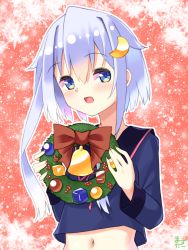 Rule 34 | 1girl, black sailor collar, blue shirt, christmas, christmas wreath, commentary request, gift, highres, kantai collection, looking at viewer, masutaa, navel, open mouth, purple hair, red background, sailor collar, school uniform, serafuku, shirt, short hair, short hair with long locks, solo, sparkle background, upper body, wreath, yayoi (kancolle)