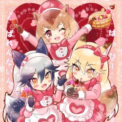 Rule 34 | 3girls, alternate costume, animal ears, apron, blush, bow, bowtie, brown hair, bucket, candy, capybara (kemono friends), capybara ears, capybara girl, chiffon, commentary request, dress, extra ears, ezo red fox (kemono friends), food, fox ears, fox girl, fox tail, frilled apron, frills, grey hair, hair between eyes, hair bow, hairband, kemono friends, long hair, long sleeves, matching outfits, multicolored hair, multiple girls, orange eyes, orange hair, pink bow, pink bowtie, pink dress, pink shirt, shirt, short hair, sidelocks, silver fox (kemono friends), tail, valentine, white apron