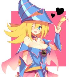 Rule 34 | 1girl, bare shoulders, blonde hair, blush, blush stickers, breasts, card, choker, cleavage, dark magician girl, duel monster, green eyes, hat, heart, imu (gomatotoimu), large breasts, long hair, open mouth, pentacle, smile, solo, star-shaped pupils, star (symbol), symbol-shaped pupils, wizard hat, yu-gi-oh!, yu-gi-oh! duel monsters