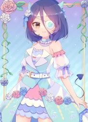 Rule 34 | 1girl, bare shoulders, belt, blue background, blue bow, blue choker, blue flower, blue ribbon, blue rose, blue shirt, bow, breasts, brown eyes, choker, closed mouth, cowboy shot, demon tail, detached sleeves, dot nose, eyepatch, fake tail, fiatto029, flower, gradient background, hair between eyes, hair bow, hair flower, hair ornament, hair ribbon, hayasaka mirei, highres, idolmaster, idolmaster cinderella girls, idolmaster cinderella girls starlight stage, jewelry, layered skirt, looking at viewer, multicolored clothes, multicolored hair, multicolored skirt, necklace, pearl necklace, pink flower, pink rose, plant, purple hair, ribbon, rose, see-through, see-through sleeves, shirt, short hair, short sleeves, skirt, sleeveless, sleeveless shirt, small breasts, smile, solo, standing, streaked hair, striped background, tail, vines, white belt, white flower, white rose