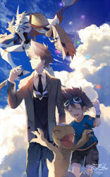 Rule 34 | 10s, 2boys, absurdres, agumon, bad id, bad pixiv id, black necktie, black shorts, blue shirt, brown eyes, brown hair, closed eyes, cloud, cloudy sky, copyright name, digimon, digimon (creature), digimon adventure, digimon adventure tri., ekita kuro, eyewear on head, gloves, headpat, highres, male focus, multiple boys, necktie, omegamon, open mouth, shirt, short hair, short sleeves, shorts, sky, smile, spiked hair, white gloves, yagami taichi