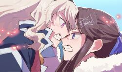 Rule 34 | 2girls, blonde hair, blue background, brown hair, clenched teeth, commentary, english commentary, eye contact, from side, hair ornament, hair ribbon, hairclip, highres, long hair, looking at another, multiple girls, noses touching, open mouth, pink eyes, profile, purple eyes, purple ribbon, ribbon, saijou claudine, shoujo kageki revue starlight, teeth, tendou maya, upper body, yogurt pt, yuri