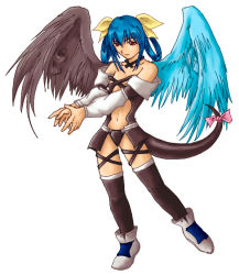Rule 34 | 1girl, arc system works, asymmetrical wings, bad anatomy, blue hair, dizzy (guilty gear), guilty gear, necro (guilty gear), poorly drawn, red eyes, ribbon, tail, tail ornament, tail ribbon, thighhighs, undine (guilty gear), wings