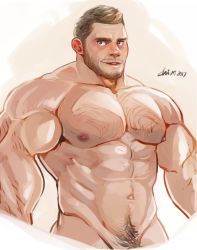 Rule 34 | 1boy, abs, arm hair, bara, beard, blush, brown hair, chest hair, chivo (kalchivo), completely nude, cropped legs, facial hair, hairy, highres, large pectorals, looking at viewer, male focus, male pubic hair, mature male, muscular, muscular male, navel, navel hair, nipples, nude, original, pectorals, pubic hair, short hair, smile, solo, stomach