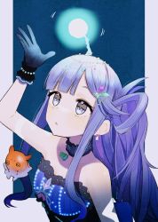 Rule 34 | 1girl, arm up, asari nanami, blue hair, blunt bangs, choker, collarbone, dress, frilled choker, frills, hair rings, highres, idolmaster, idolmaster cinderella girls, idolmaster cinderella girls starlight stage, jellyfish, looking up, simple background, solo, strapless, strapless dress, tsuchi (sh spica1), upper body
