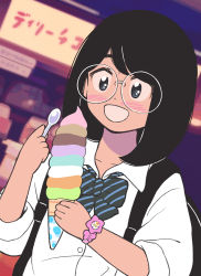Rule 34 | 1girl, aragon honnin, backpack, bag, black hair, blue eyes, blush, bow, bowtie, bracelet, collared shirt, dessert, food, glasses, holding, holding spoon, ice cream, ice cream cone, jewelry, jimiko, medium hair, open mouth, original, shirt, smile, solo, spoon, striped bow, striped bowtie, striped clothes, striped neckwear, too many, too many scoops, upper body, white shirt