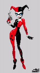 Rule 34 | 1girl, blue eyes, bodysuit, breasts, dc comics, domino mask, gun, harley quinn, holding, holding gun, holding weapon, lowres, mabius, mask, pixel art, simple background, smile, solo, weapon, wide hips