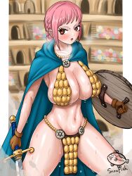 Rule 34 | 1girl, absurdres, armor, artist name, artist request, bikini armor, blush, braid, breasts, breasts squeezed together, brown eyes, brown gloves, curvy, gladiator, gloves, heavy breathing, highres, holding, holding shield, huge breasts, long hair, navel, one piece, open mouth, pink eyes, pink hair, rebecca (one piece), revealing clothes, shield, shiny skin, single braid, solo, stadium, standing, steaming body, sweatdrop, sword, weapon