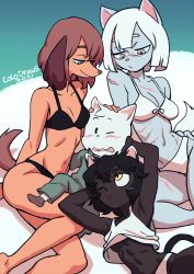 Rule 34 | 1boy, 2021, 3girls, absurdres, animal ears, artist name, bikini, black hair, blue eyes, blush, breasts, brown hair, cat ears, cat tail, colo (nagrolaz), crop top, dog ears, dog tail, furry, furry female, furry male, grey eyes, highres, jumpsuit, leaning to the side, lying, medium breasts, multiple girls, no bra, one eye closed, original, panties, scar, scar on face, scar on nose, size difference, small breasts, smile, swimsuit, tail, underboob, underwear, wavy mouth, white hair, yellow eyes