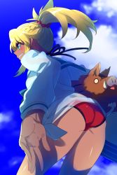 Rule 34 | 1girl, ass, bikini, blonde hair, blue sky, boar, braid, carrying, carrying under arm, day, echo (circa), fate/grand order, fate (series), french braid, from below, grin, hair ornament, hair scrunchie, leaning forward, looking away, mordred (fate), mordred (fate) (all), mordred (fate/apocrypha), mordred (swimsuit rider) (fate), mordred (swimsuit rider) (second ascension) (fate), ponytail, red bikini, red scrunchie, scrunchie, side-tie bikini bottom, sky, smile, swimsuit, thighs