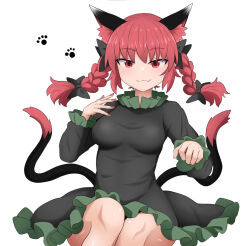 Rule 34 | 1girl, :3, animal ear fluff, animal ears, black bow, bow, braid, breasts, cat ears, cat tail, chups, commentary request, dress, extra ears, fang, fang out, frills, grey dress, hair bow, highres, kaenbyou rin, legs together, long sleeves, medium breasts, multiple tails, nail polish, nekomata, red eyes, red hair, red nails, simple background, solo, tail, touhou, tsurime, twin braids, two tails, white background, wide hips