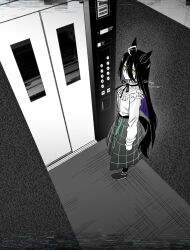 Rule 34 | 1girl, ahoge, animal ears, belt, black hair, blunt ends, bun no nagi, clenched hand, closed mouth, colored inner hair, commentary, elevator, empty eyes, english commentary, expressionless, fake video, from above, full body, glitch, green belt, hair between eyes, highres, horse ears, horse girl, horse tail, long bangs, long hair, long skirt, long sleeves, looking at viewer, looking back, looking up, manhattan cafe (umamusume), multicolored hair, neck ribbon, partially colored, plaid, plaid skirt, purple hair, ribbed shirt, ribbon, shirt, shirt tucked in, shoes, skirt, solo, standing, streaked hair, tail, twitter username, umamusume, white hair, yellow eyes