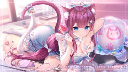 Rule 34 | 1girl, ahoge, animal, animal ear fluff, animal ears, ball, bell, blue dress, blue eyes, blunt bangs, blurry, blush, book, bow, breasts, cat, cat ears, cat girl, cat tail, chinese commentary, cleavage, commentary request, depth of field, dress, food, full body, hair bow, holding, holding food, indoors, jingle bell, large breasts, long hair, looking at another, looking away, lying, no shoes, on stomach, open book, original, popsicle, red hair, sannio, sidelocks, smile, tail, tail bell, tail ornament, thigh strap, thighhighs, very long hair, white bow, white cat, white thighhighs