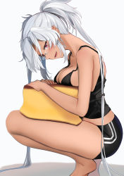 Rule 34 | 1girl, absurdres, black shorts, black tank top, blush, breasts, cleavage, collarbone, cushion, dark-skinned female, dark skin, from side, glasses, highres, holding, holding cushion, kantai collection, large breasts, long hair, looking at viewer, musashi (kancolle), musashi kai ni (kancolle), open mouth, red eyes, short hair with long locks, shorts, silver hair, simple background, solo, squatting, tank top, thighs, very long hair, white background, yunamaro
