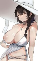 Rule 34 | 1girl, alternate eye color, bare shoulders, bikini, blush, braid, braided ponytail, breasts, brown eyes, brown hair, closed mouth, collar, collarbone, earrings, goddess of victory: nikke, hat, highres, jewelry, large breasts, long hair, mary (bay goddess) (nikke), mary (nikke), nipples, official alternate costume, one breast out, one eye closed, solo, sun hat, swimsuit, swimsuit cover-up, unknownnoname0, white bikini, white hat