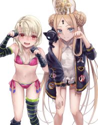 Rule 34 | 2girls, abigail williams (fate), abigail williams (swimsuit foreigner) (fate), abigail williams (swimsuit foreigner) (second ascension) (fate), bare shoulders, bikini, black bow, black cat, black gloves, black jacket, black legwear, blonde hair, blue eyes, blush, bow, braid, braided bun, breasts, cat, closed mouth, double bun, dress swimsuit, elbow gloves, fate/grand order, fate (series), forehead, gloves, hair bun, hat, highres, illyasviel von einzbern, illyasviel von einzbern (swimsuit archer), illyasviel von einzbern (swimsuit archer) (third ascension), jacket, keyhole, leaning forward, long hair, looking at viewer, mitre, multiple bows, multiple girls, nyaa kitsune, off shoulder, one-piece swimsuit, open clothes, open jacket, open mouth, orange bow, parted bangs, partially fingerless gloves, paw pose, pink bikini, red eyes, sidelocks, simple background, single thighhigh, small breasts, smile, swimsuit, thighhighs, thighs, twintails, very long hair, wavy mouth, white background, white hair, white headwear, white one-piece swimsuit
