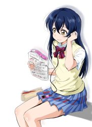 Rule 34 | 1girl, blue hair, blush, book, bow, bowtie, cable, closed mouth, commentary request, digital media player, earbuds, earphones, hair between eyes, highres, holding, holding book, long hair, love live!, love live! school idol project, open book, otonokizaka school uniform, plaid, plaid skirt, pleated skirt, reading, red bow, red bowtie, school uniform, shirt, shogo (4274732), short sleeves, simple background, sitting, skirt, solo, sonoda umi, striped bow, striped bowtie, striped clothes, striped neckwear, vest, white background, white shirt, yellow eyes